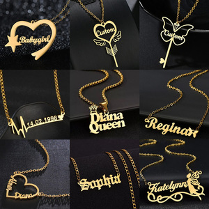 Collar de acero inoxidable con placa de nombre personalizada, pendientes de aro chapados en oro real, bricolaje - Product Image 5