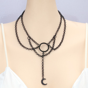 Collar de Luna en Capas de Aleación de Zinc, Cadena Múltiple, Joyería Gótica Hip Hop Unisex, Diseño Geométrico con Patrón de Cruz, Origen Yiwu - Product Image 1