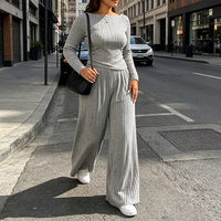 Ensemble deux pièces tendance et élégant pour femmes, haut à manches longues et pantalon large, coupe ajustée, tenue décontractée pour femmes