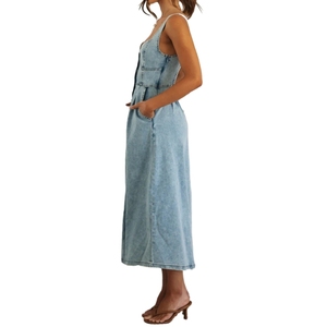 Retro <b>Spaghetti</b> <b>Straps</b> Sleeveless Casual Style Button Denim Maxi Dress for Women Fashion - Product Image 2