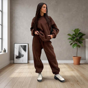 Ensemble de survêtement marron uni à capuche pour femme, coupe décontractée, sweat-shirt à manches longues et pantalon avec poches latérales, tenue d'automne - Product Image 2