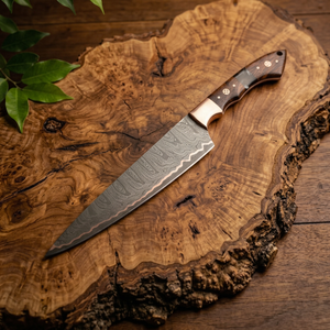 Couteau de chef japonais en acier Damas 7 pouces avec manche en bois et étui en cuir, couteaux de cuisine forgés pour droitiers - Product Image 1