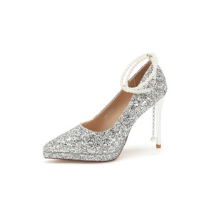 Zapatos de tacón de aguja con purpurina y punta en pico, con correa de perlas en el tobillo, tacón súper alto, para novias, bodas y fiestas. - Product Image 5