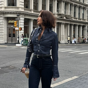 Divided Wash Denim Button-Up <b>Shirt</b> <b>Jacket</b> <b>Women</b> Y2K Street Style Casual Fashion Long Sleeve Top - Product Image 3