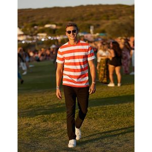 T-shirt rayé personnalisé pour homme en coton extensible à col rond et manches courtes, style décontracté rétro - Product Image 5
