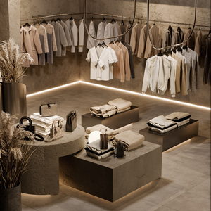 Estante de ropa de material nuevo personalizado, exhibición de tienda de ropa, soporte de pared, vitrina de ropa para mujer - Product Image 1