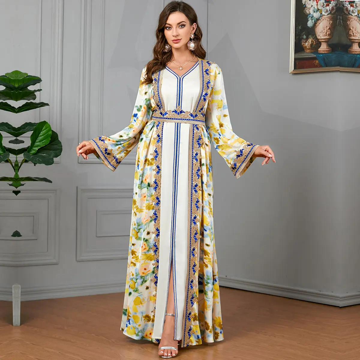 Sıcak satış Eid yüksek kalite 2 parça Abaya Dubai Kaftan Marocain Kaftan elbise fas Kaftans