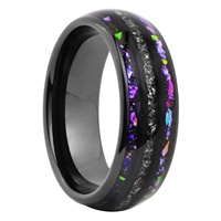 Bagues de fiançailles et de mariage en tungstène noir avec opale bleue écrasée et météorite serties en sangle