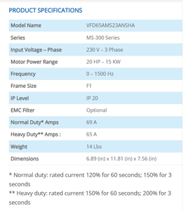Delta MS300 VFD65AMS23ANSHA Three Phase 200~240V 15KW Variable Frequency Drive - Product Image 2