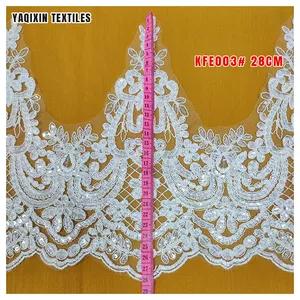 KFE003# Chinese Supplier 2024 Pure White French Bridal Lace Trim 28cm Wide Clothing Lace Trim With Sequin