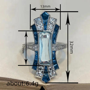 Anello da cocktail geometrico A053 da donna con acquamarina taglio smeraldo, pietra naturale e pavé, anelli di fidanzamento alla moda - Product Image 4