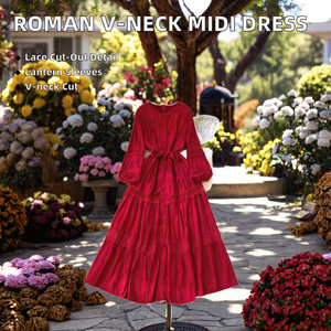 Estate donna stile romano con scollo a V tunica Casual abito Midi maniche a lanterna impero abito in pizzo cavo solido modello frontale sostenibile - Product Image 2