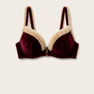 Soutien-gorge balconnet sexy en velours bordeaux uni pour femme avec garniture en fausse fourrure et fermeture avant à armatures - Product Image 1