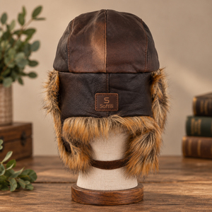 Gorro de Invierno de Cuero Genuino Estilo Aviador, Gorras Personalizadas de Cuero Genuino y Algodón, Gorra Deportiva Plana Estilo Vaquero - Product Image 4