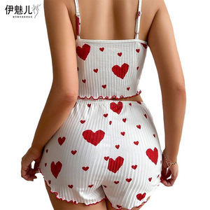 Conjunto de Ropa para el Hogar para Mujer, Venta Caliente Transfronteriza 2024, con Camisola y Pantalones Cortos con Estampado de Corazón, Casual y Puede Usarse en el Exterior - Product Image 5