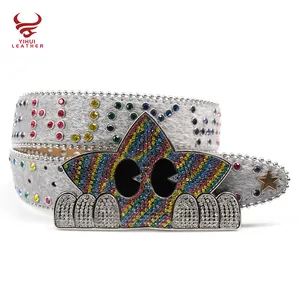 Western Cowboy Cowgirl Bling Studded Leather Belt for Jeans Pants Designer White Rhinestone Belt with Star Buckle for Men Women