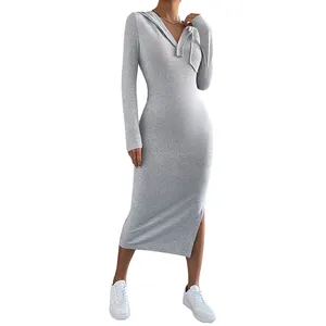 Designer Long Sleeve Slit Hoodie Dress Custom Women Casual Long Dresses
