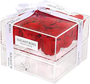 Grosir Kustom Kotak Display Akrilik Bening Mawar Diawetkan Dalam Kotak Hadiah Pesta Ulang Tahun Pernikahan Akrilik dengan Tutup Kotak Akrilik