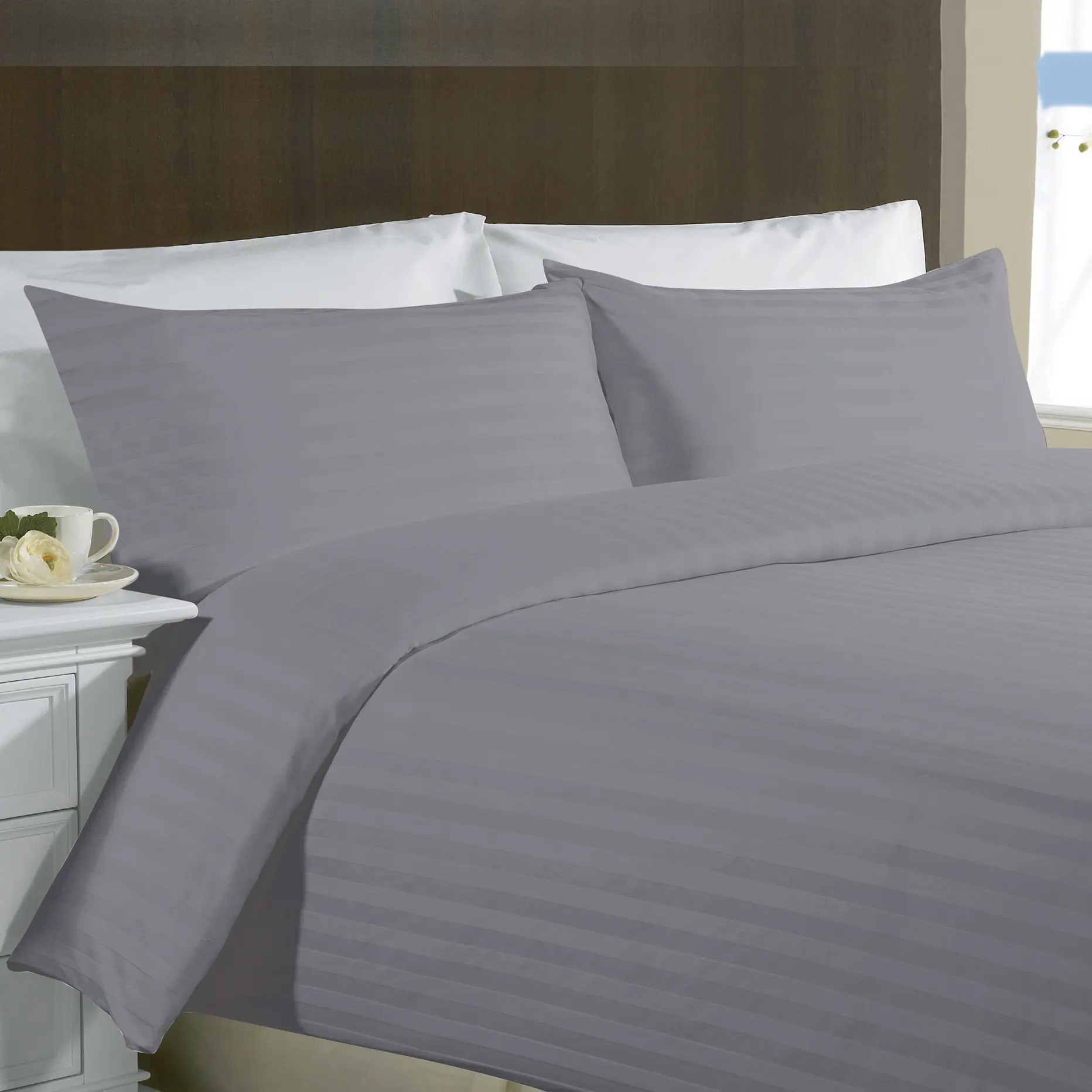 Luxe Hotel Full Queen Kingsize Wit Polyester Lakens Draad Count Streep Hotel Satijn Beddengoed Set