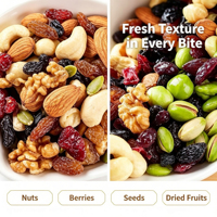 Mezcla de frutos secos y frutas deshidratadas para el desayuno: Nueces de macadamia, anacardos, nueces, arándanos, pasas. Listo para comer, duro, salado y frito.