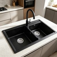 Évier de cuisine en quartz noir, taille personnalisable, double bac, moderne, à encastrer, en pierre de quartz, style fermier