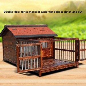 บ้านสุนัขไม้เนื้อแข็งแบบถอดประกอบได้ ใช้ได้ทุกฤดู พร้อมหลังคาไม้และรั้ว ป้องกันน้ำสำหรับกลางแจ้ง ไม่มีแบบปิด สำหรับสุนัขขนาดใหญ่ - Product Image 3