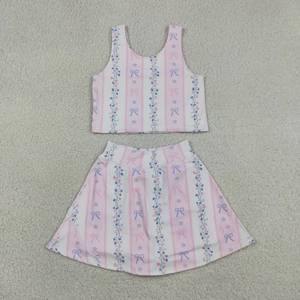 New Summer Girls 2-piece Floral Bow Print Sleeveless Tank Top Skort Set Casual Activewear <b>Clothes</b> for Kids - Product Image 1