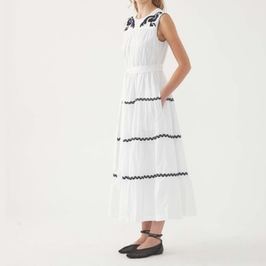 Hot Sales Custom logo <b>Boho</b> Embroidered Dress Wavy Trim Side Pockets Sleeveless Cotton Tiered Maxi Dress for Women - Product Image 1