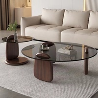 Table basse moderne minimaliste, pieds en bois, plateau en verre, table ronde de salon pour villa