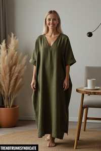 Mehndi Green <b>Kaftan</b> Dress Womens V Neck Short Sleeve Maxi Robe Casual Loose Flowing Summer Resort <b>Beach</b> Wear Linen/Cotton A-Line - Product Image 2