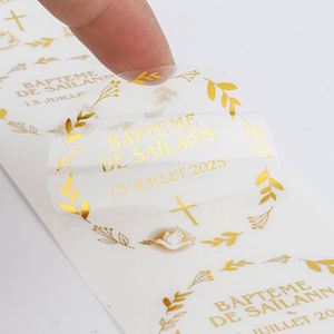 Autocollants personnalisés ronds en papier doré pour baptême avec motif croix et couronne pour Saïlann 13 juillet 2025 - Product Image 2