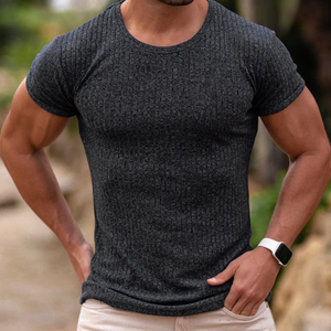 Camiseta de Punto Acanalado Azul Claro para Hombre, Manga Corta, Cuello Redondo, Corte Ajustado, Color Sólido, Transpirable, de Algodón - Product Image 6