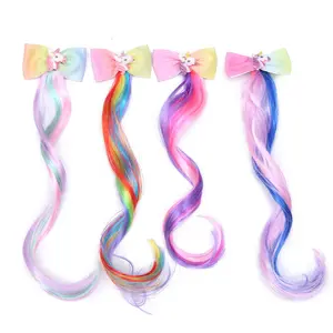 Rainbow hair extensions for kids Ombre colored hair clips extension Ponytail cartoon Bowknot pony designs clips
