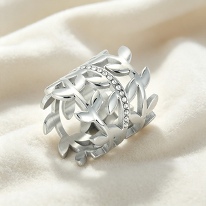 Fashion Ladies Wide Band Leaf Finger <b>Ring</b> Gold & Silver Two Color Options Multi‑Layer Hollow Botanical <b>Crystal</b> Set Stainless - Product Image 3