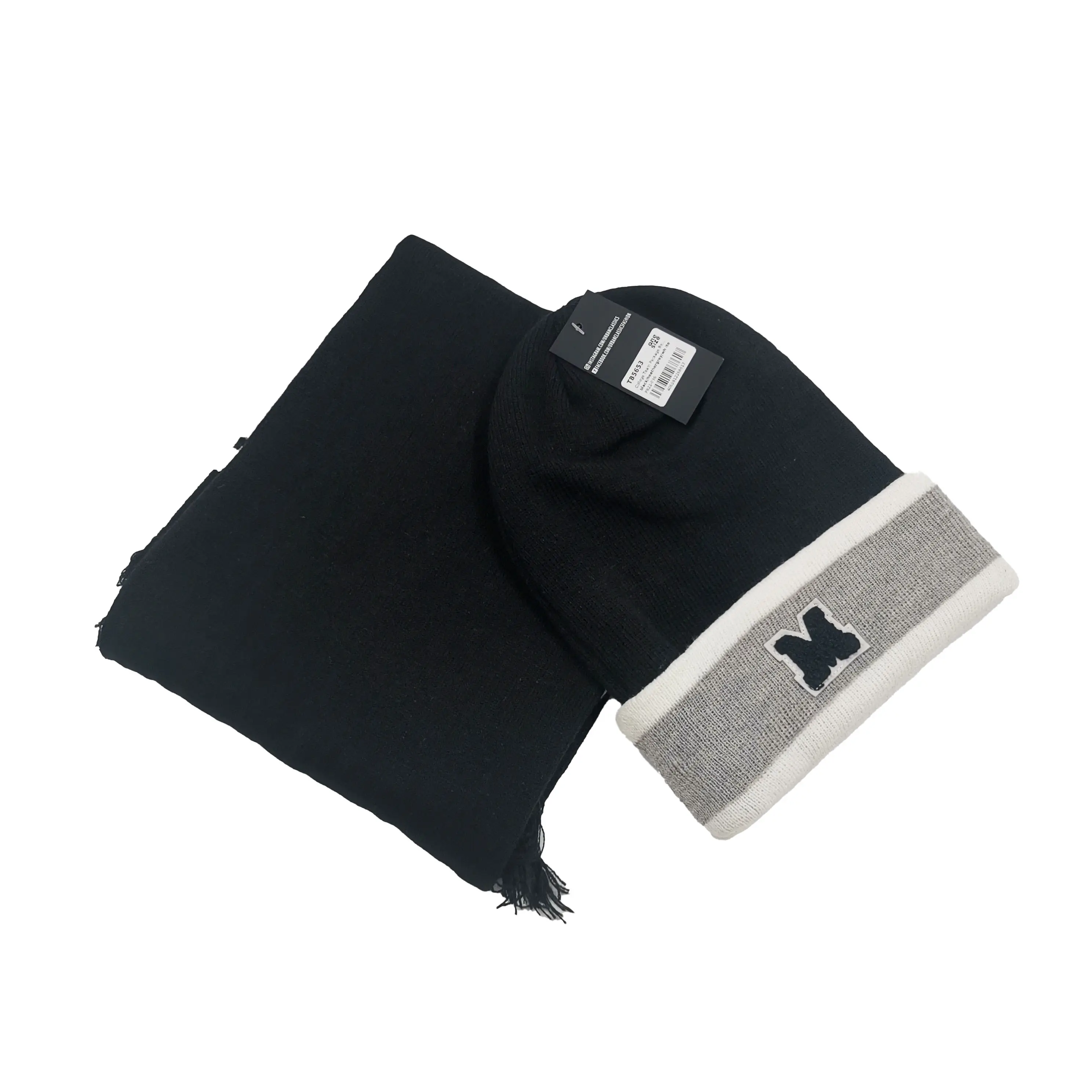 Jacquard acrilico spandex caldo polsino Beanie sciarpa inverno lavorato a maglia sciarpa e cappelli set con patch personalizzata
