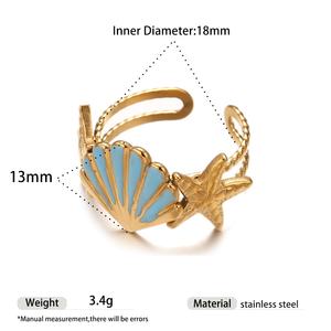 2025 Vente chaude Summer Ocean Series Bague ouverte étoile de mer et conque en acier inoxydable or 18 carats - Product Image 6