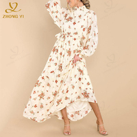 Robe longue élégante pour femmes, à manches longues, imprimé automne, magnifique robe longue florale ivoire à manches longues