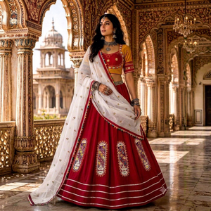 Women's <b>Red</b> <b>Silk</b> Lehenga Choli With White Embroidered Dupatta Traditional Indian Wedding Wear Floor-Length Regular Fit - Product Image 1