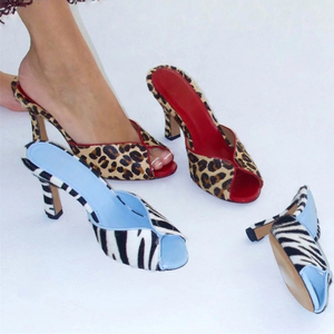 Sandales à talons hauts pour <span class=keywords><strong>femme</strong></span>, grande taille 45, imprimé zèbre, en crin de cheval, sexy, à bout ouvert, mules à coupe large, style pantoufle, motif léopard - Product Image 3