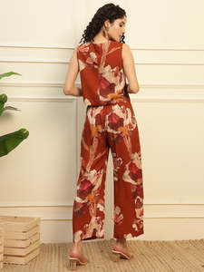 DEEBACO <b>Women's</b> Floral Co-ord Set V-Neck Sleeveless <b>Waistcoat</b> With Ankle Length <b>Trouser</b> Causal Western Wear 2 Piece Outfit - Product Image 2