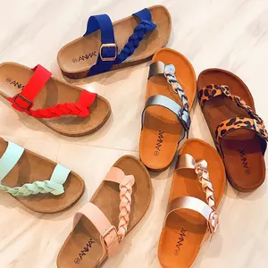 Factory supply New Style Slippers Pu Leather Buckle wholesale Cork women flat sandals with High quality eva rubber sole