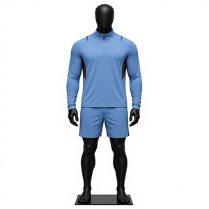 Conjunto Deportivo para Hombre, Camiseta de Manga Larga con Cierre de Media Cremallera y Pantalones Cortos, Color Azul Claro, Secado Rápido, Transpirable, Absorbe el Sudor, para Verano - Product Image 1