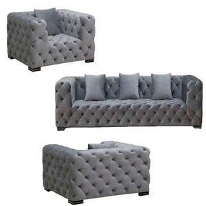 Modern microfiber fabric chesterfield sectional couch furniture grey velvet tufted sectional sofa 3 piece sofa set living room