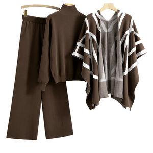 Atoptex Automne Femmes Élégant Trois Pièces Costumes Style Paresseux Pull Tricoté Châle <span class=keywords><strong>Cape</strong></span> Large Jambe Pantalon pour Dame - Product Image 1