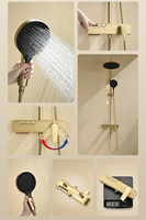 Ensemble de douche HONGDEC en laiton brossé doré non revêtu, trois fonctions : douche pluie, douchette à main et bec de vidange avec barre coulissante