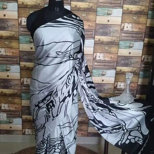 ผ้าซาตินพิมพ์ลายสกรีนแบบนามธรรมสีดำและสีน้ำเงิน ดีไซน์หรูหรา สำหรับผู้หญิง เสื้อผ้าอินเดียและปากีสถาน - Product Image 1