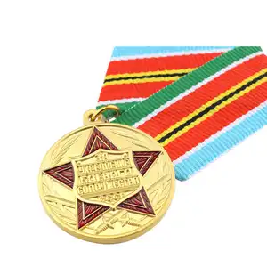 Emblema de estrela de cinco pontas com logotipo personalizado 3D de fábrica pendurado medalhas personalizadas de metal com fita