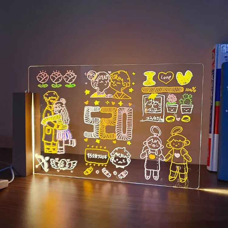 लकड़ी एक्रिलिक ब्रैकेट व्यामार्जनीय इनडोर रचनात्मक एलईडी रात को प्रकाश यूएसबी एलईडी संदेश पढ़ने लेखन ड्राइंग बोर्ड