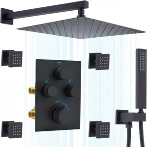 Rain Shower System 12 Inch Wall Mounted Rain Shower Head with Body Jets Can Use all Options at a Time Matte Black