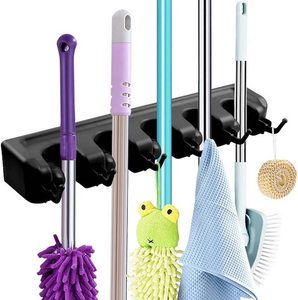 Portascopa e Portamop Nero da Parete per Bagno e Cucina, in <span class=keywords><strong>Plastica</strong></span>, con 6 Ganci, 5 Supporti per Scopa - Product Image 1